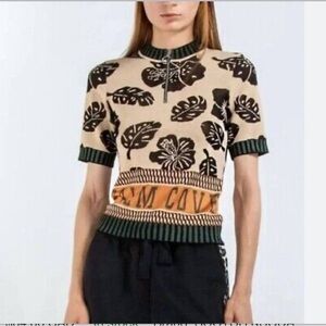Beige & Black Tropical Print Short Sleeve Sweater Top